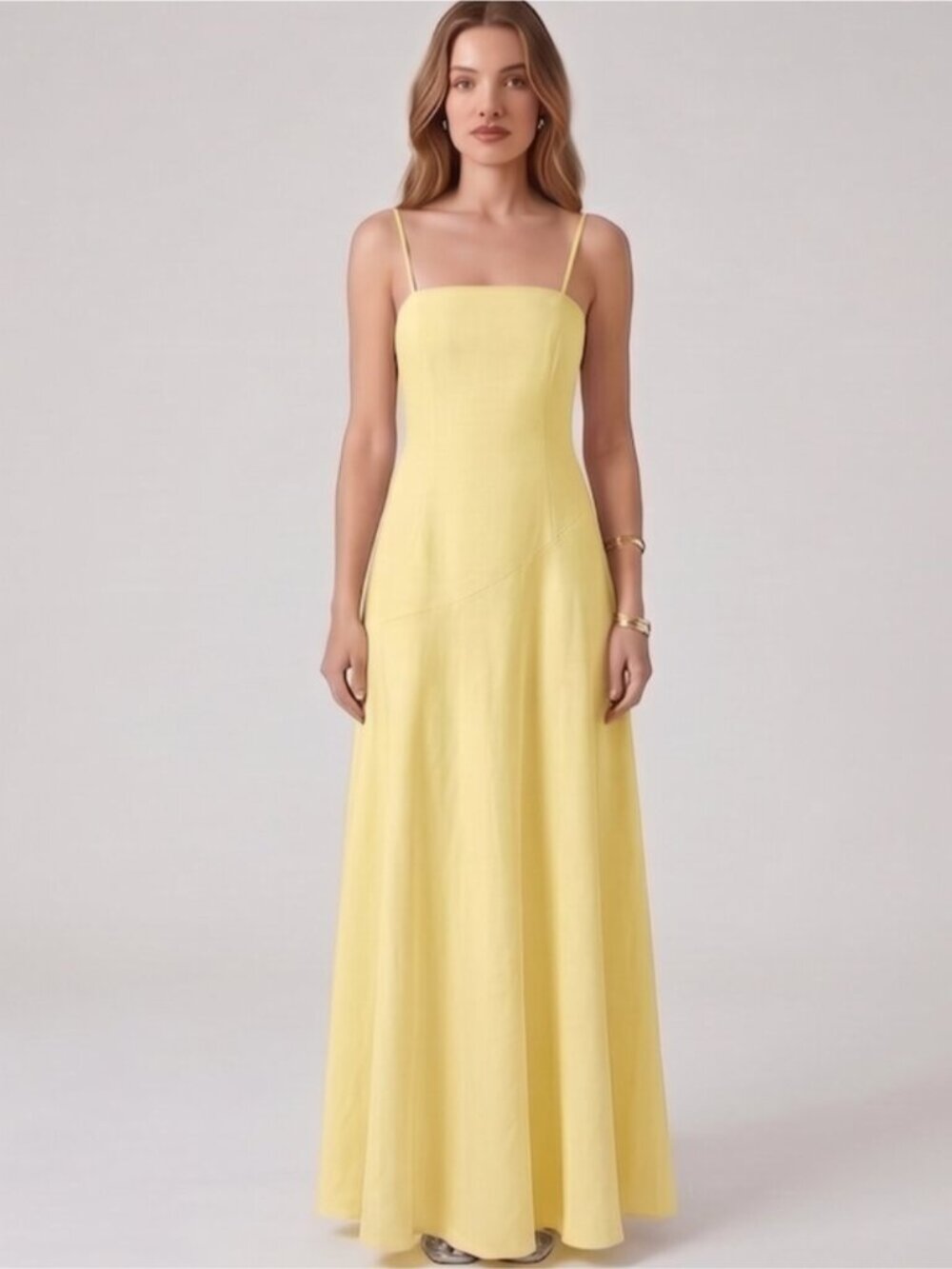 Reformation Style Linen-Blend Strappy Maxi Dress Yellow - Picture 2 of 7
